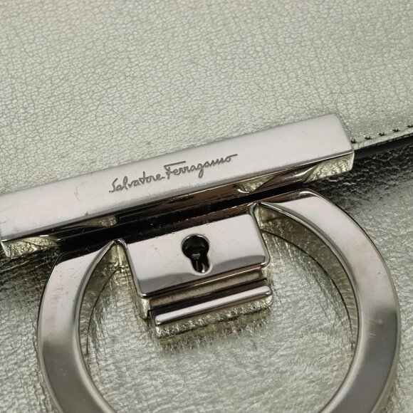 Salvatore Ferragamo Gancini Bag Leather Champagne Gold Silver Auth - Picture 10 of 16